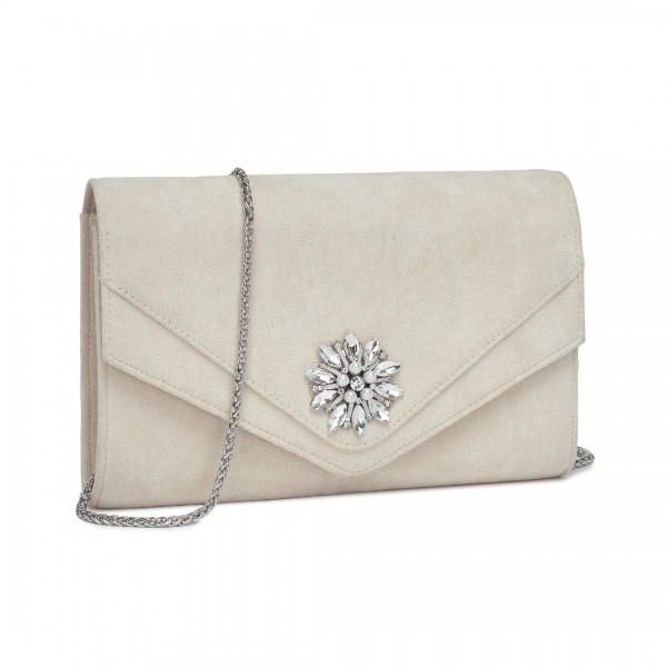 CLM2458 - Miss Lulu Elegant Faux Suede Evening Clutch with Crystal Flower & Detachable Chain Strap - Beige