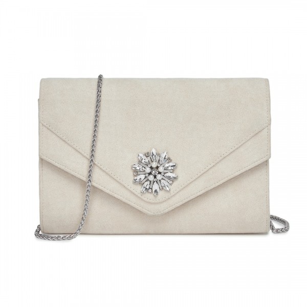 CLM2458 - Miss Lulu Elegant Faux Suede Evening Clutch with Crystal Flower & Detachable Chain Strap - Beige