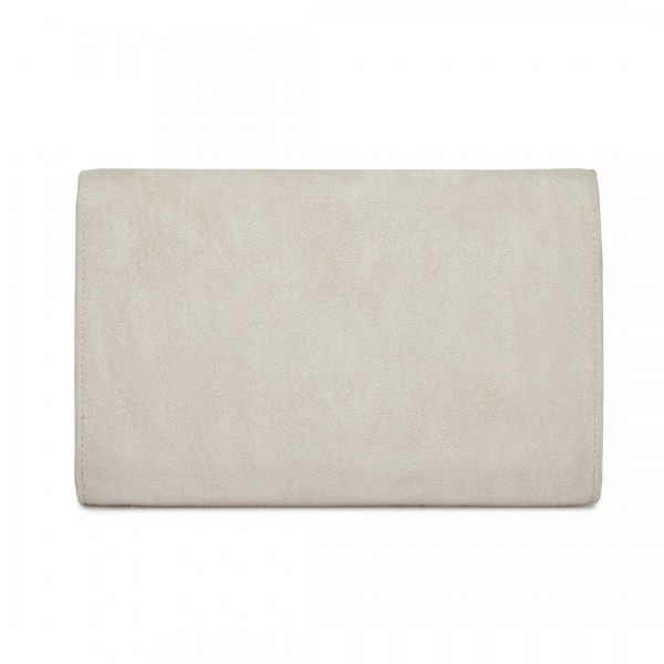 CLM2458 - Miss Lulu Elegant Faux Suede Evening Clutch with Crystal Flower & Detachable Chain Strap - Beige