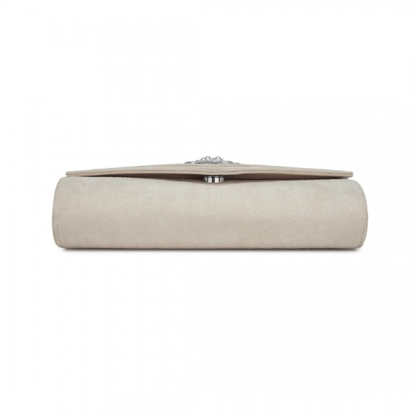 CLM2458 - Miss Lulu Elegant Faux Suede Evening Clutch with Crystal Flower & Detachable Chain Strap - Beige