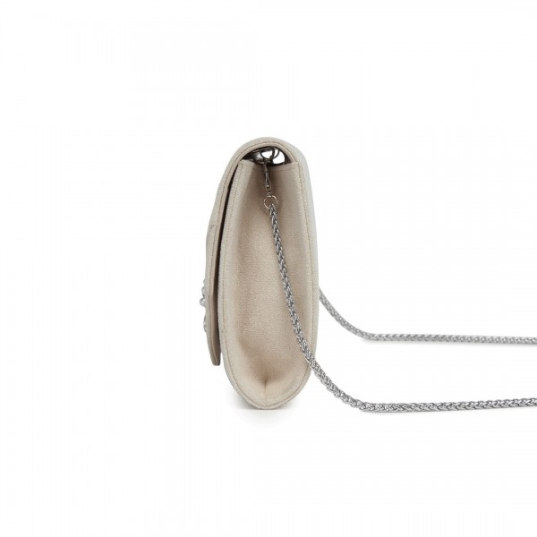 CLM2458 - Miss Lulu Elegant Faux Suede Evening Clutch with Crystal Flower & Detachable Chain Strap - Beige