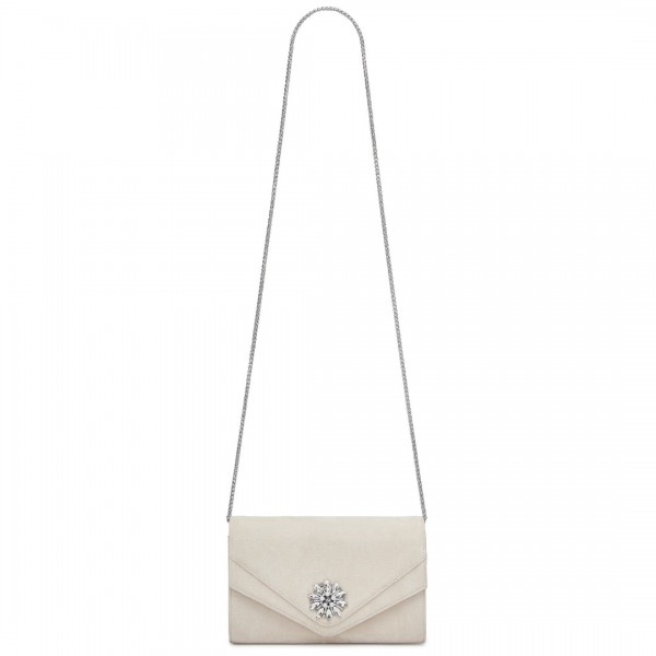 CLM2458 - Miss Lulu Elegant Faux Suede Evening Clutch with Crystal Flower & Detachable Chain Strap - Beige