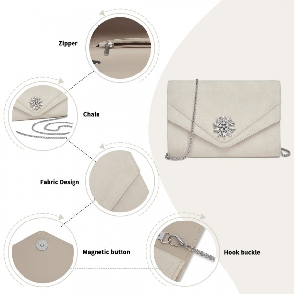 CLM2458 - Miss Lulu Elegant Faux Suede Evening Clutch with Crystal Flower & Detachable Chain Strap - Beige