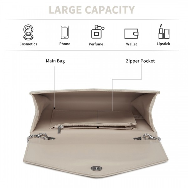 CLM2458 - Miss Lulu Elegant Faux Suede Evening Clutch with Crystal Flower & Detachable Chain Strap - Beige