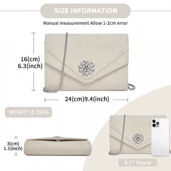 CLM2458 - Miss Lulu Elegant Faux Suede Evening Clutch with Crystal Flower & Detachable Chain Strap - Beige