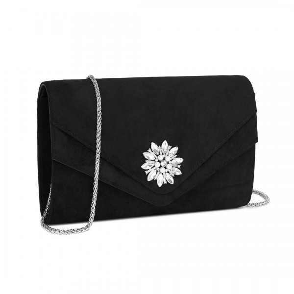 CLM2458 - Miss Lulu Elegante Evening Clutch aus gefälschtem Wildleder mit Kristallblume und abnehmbarer Kettenriemen - Schwarz