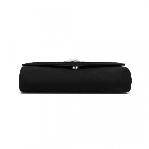 CLM2458 - Miss Lulu Elegante Evening Clutch aus gefälschtem Wildleder mit Kristallblume und abnehmbarer Kettenriemen - Schwarz