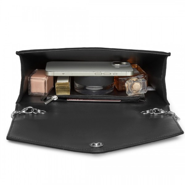 CLM2458 - Miss Lulu Elegante Evening Clutch aus gefälschtem Wildleder mit Kristallblume und abnehmbarer Kettenriemen - Schwarz