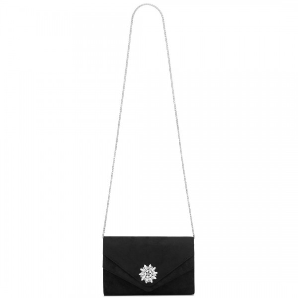 CLM2458 - Miss Lulu Elegante Evening Clutch aus gefälschtem Wildleder mit Kristallblume und abnehmbarer Kettenriemen - Schwarz