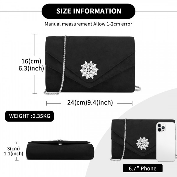 CLM2458 - Miss Lulu Elegante Evening Clutch aus gefälschtem Wildleder mit Kristallblume und abnehmbarer Kettenriemen - Schwarz