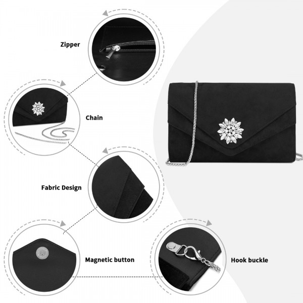 CLM2458 - Miss Lulu Elegante Evening Clutch aus gefälschtem Wildleder mit Kristallblume und abnehmbarer Kettenriemen - Schwarz