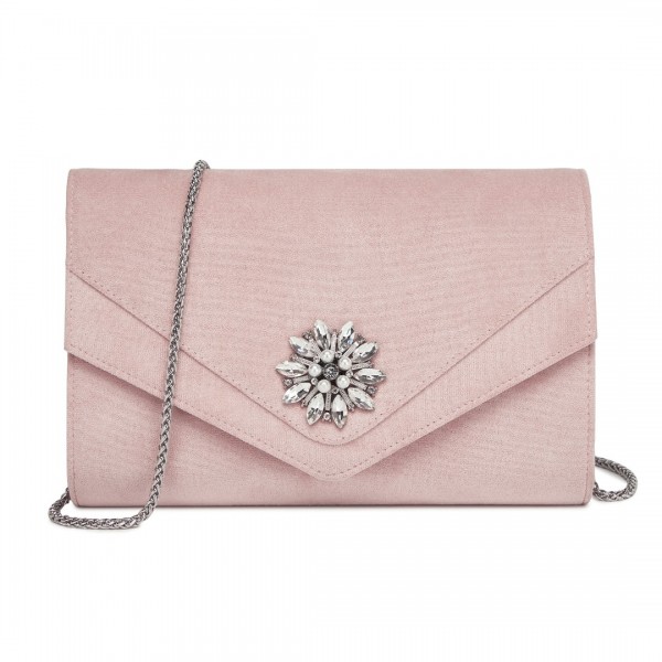 CLM2458 - Miss Lulu Elegant Faux Suede Evening Clutch with Crystal Flower & Detachable Chain Strap - Pink