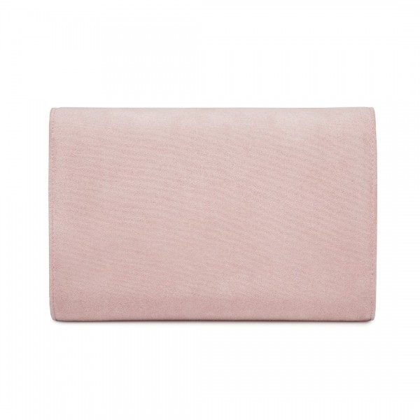 CLM2458 - Miss Lulu Elegant Faux Suede Evening Clutch with Crystal Flower & Detachable Chain Strap - Pink