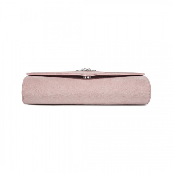 CLM2458 - Miss Lulu Elegant Faux Suede Evening Clutch with Crystal Flower & Detachable Chain Strap - Pink