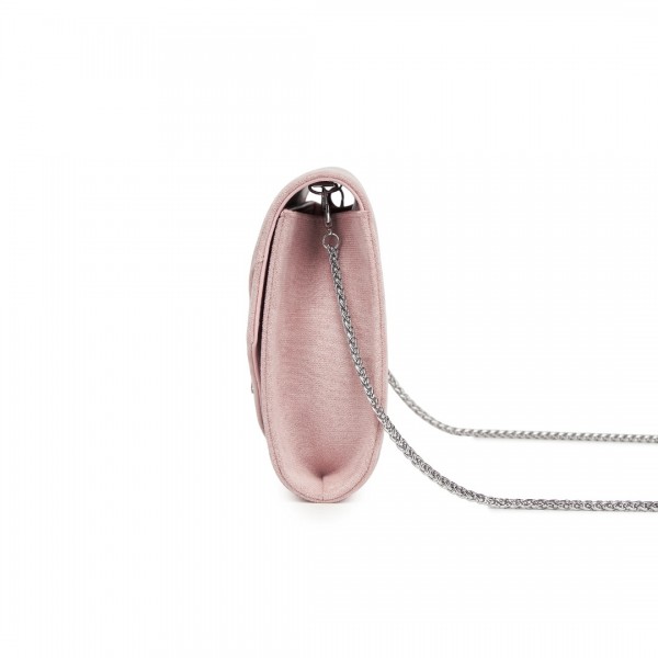 CLM2458 - Miss Lulu Elegant Faux Suede Evening Clutch with Crystal Flower & Detachable Chain Strap - Pink