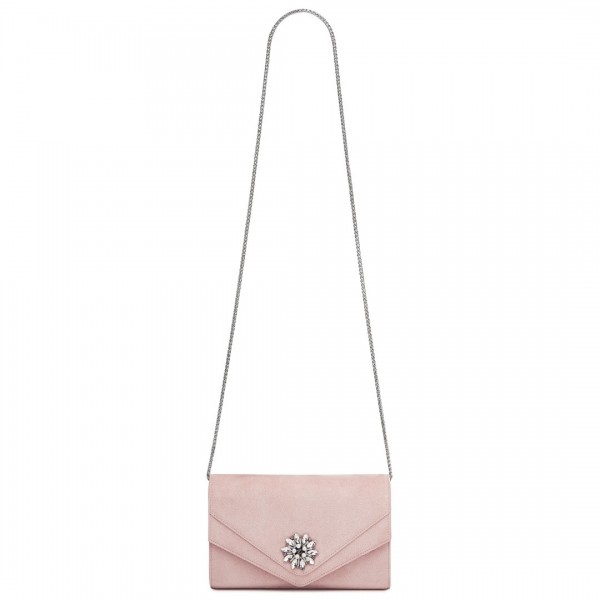 CLM2458 - Miss Lulu Elegant Faux Suede Evening Clutch with Crystal Flower & Detachable Chain Strap - Pink