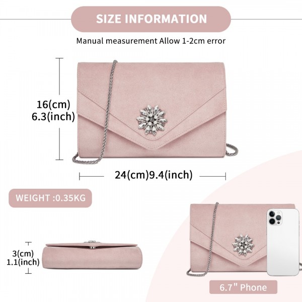 CLM2458 - Miss Lulu Elegant Faux Suede Evening Clutch with Crystal Flower & Detachable Chain Strap - Pink