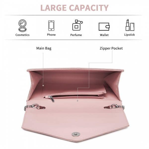 CLM2458 - Miss Lulu Elegant Faux Suede Evening Clutch with Crystal Flower & Detachable Chain Strap - Pink
