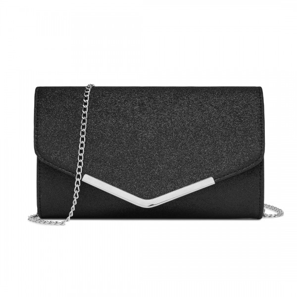 CLM2459 - Miss Lulu Women's Glitter Envelope Clutch with V-Metal Trim & Detachable Chain Strap - Black