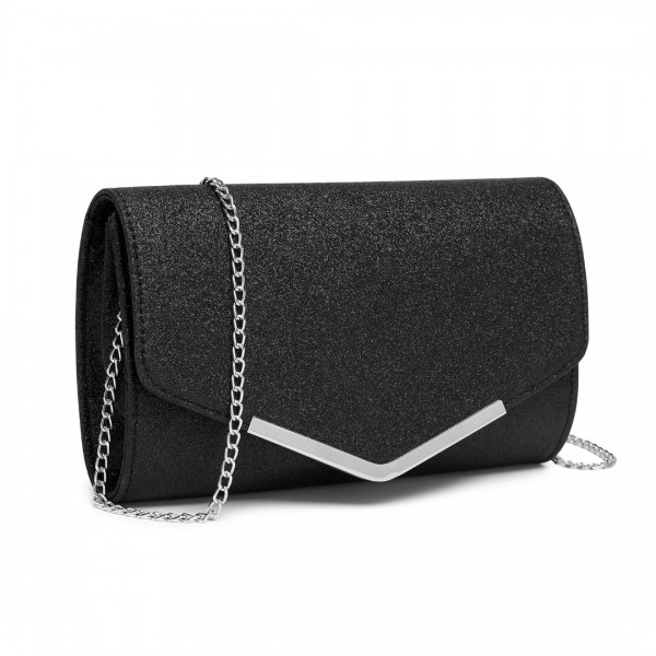 CLM2459 - Miss Lulu Women's Glitter Envelope Clutch with V-Metal Trim & Detachable Chain Strap - Black