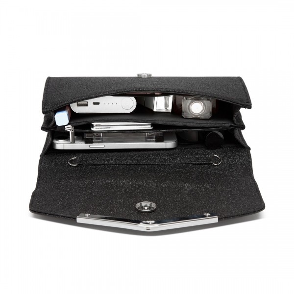 CLM2459 - Miss Lulu Women's Glitter Envelope Clutch with V-Metal Trim & Detachable Chain Strap - Black