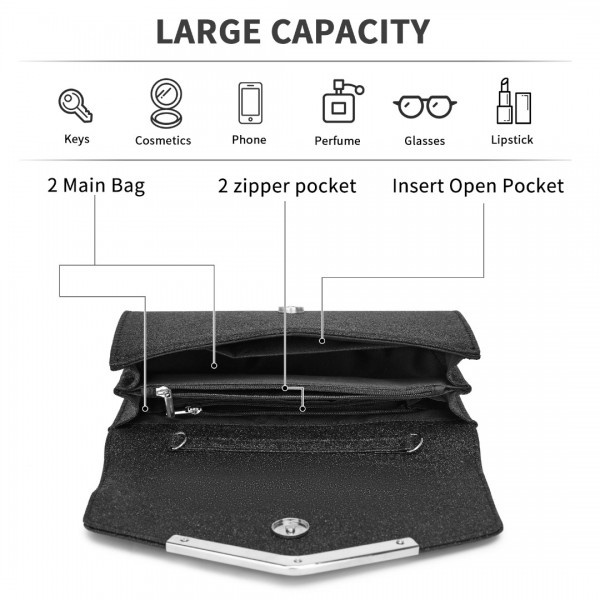 CLM2459 - Miss Lulu Women's Glitter Envelope Clutch with V-Metal Trim & Detachable Chain Strap - Black