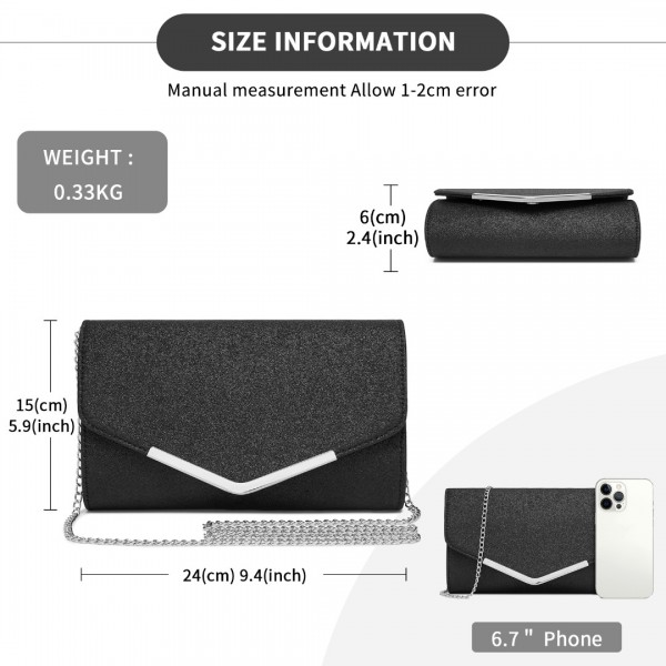 CLM2459 - Miss Lulu Women's Glitter Envelope Clutch with V-Metal Trim & Detachable Chain Strap - Black