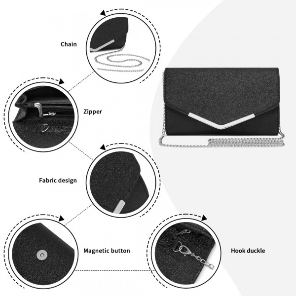 CLM2459 - Miss Lulu Women's Glitter Envelope Clutch with V-Metal Trim & Detachable Chain Strap - Black