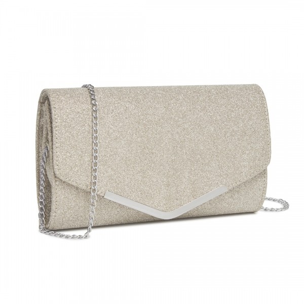 CLM2459 - Miss Lulu Women's Glitter Envelope Clutch with V-Metal Trim & Detachable Chain Strap - Gold