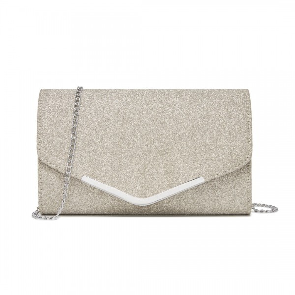 CLM2459 - Miss Lulu Women's Glitter Envelope Clutch with V-Metal Trim & Detachable Chain Strap - Gold