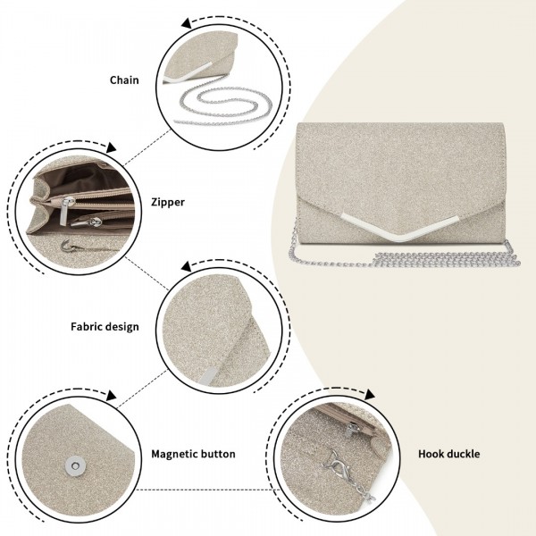 CLM2459 - Miss Lulu Women's Glitter Envelope Clutch with V-Metal Trim & Detachable Chain Strap - Gold