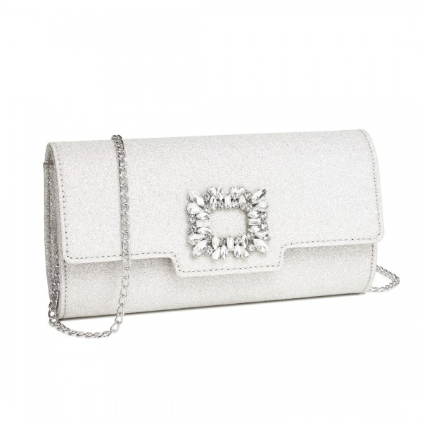 CLM2461 - Miss Lulu Glitter Evening Clutch with Crystal Embellishment & Detachable Chain Strap - Elegant Crossbody or Handheld Bag - Silver