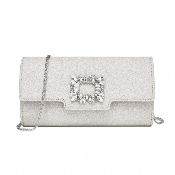 CLM2461 - Miss Lulu Glitter Evening Clutch with Crystal Embellishment & Detachable Chain Strap - Elegant Crossbody or Handheld Bag - Silver