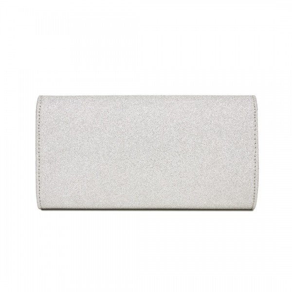 CLM2461 - Miss Lulu Glitter Evening Clutch with Crystal Embellishment & Detachable Chain Strap - Elegant Crossbody or Handheld Bag - Silver