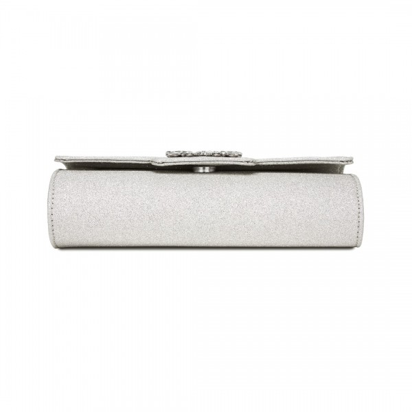 CLM2461 - Miss Lulu Glitter Evening Clutch with Crystal Embellishment & Detachable Chain Strap - Elegant Crossbody or Handheld Bag - Silver