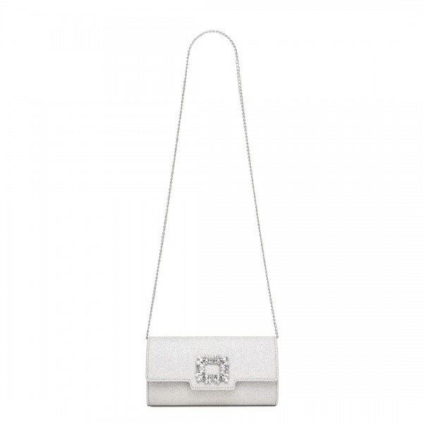 CLM2461 - Miss Lulu Glitter Evening Clutch with Crystal Embellishment & Detachable Chain Strap - Elegant Crossbody or Handheld Bag - Silver