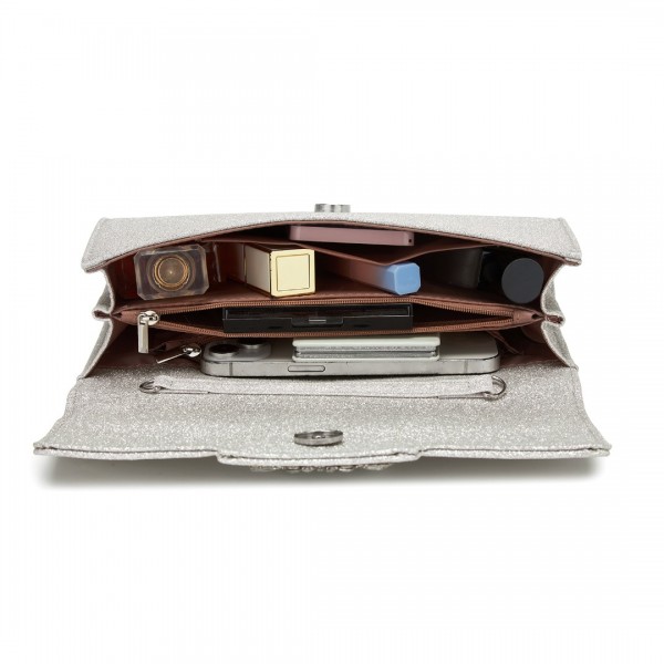 CLM2461 - Miss Lulu Glitter Evening Clutch with Crystal Embellishment & Detachable Chain Strap - Elegant Crossbody or Handheld Bag - Silver