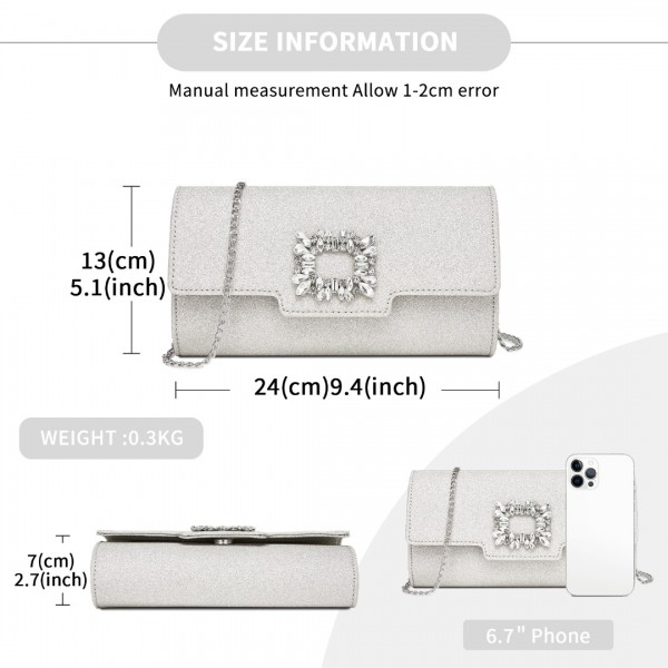 CLM2461 - Miss Lulu Glitter Evening Clutch with Crystal Embellishment & Detachable Chain Strap - Elegant Crossbody or Handheld Bag - Silver