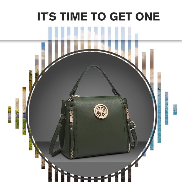 E1851 - Miss Lulu Leather Look Dual Zipped Handbag - Green