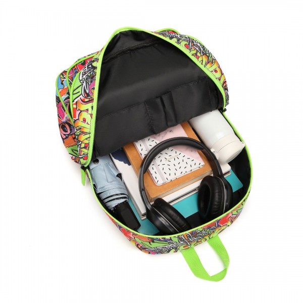 E6629G - Miss Lulu Mode Graffiti Rucksack für die Schule - Grün
