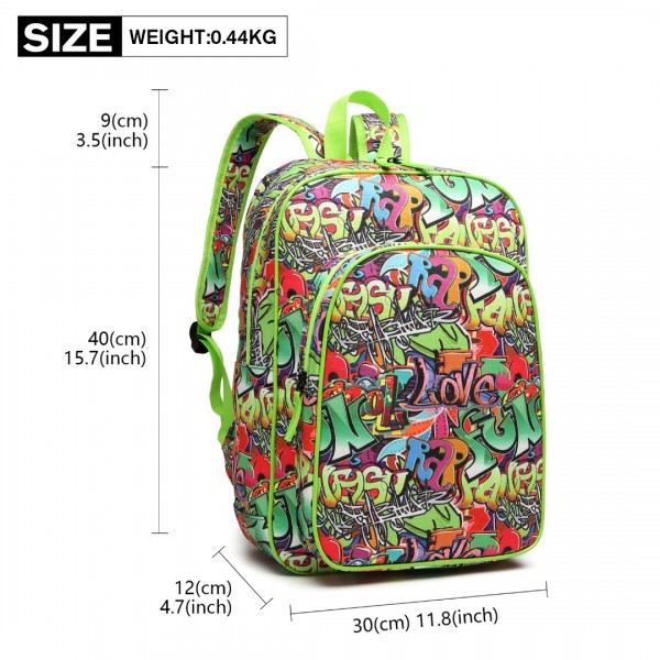 E6629G - Miss Lulu Mode Graffiti Rucksack für die Schule - Grün