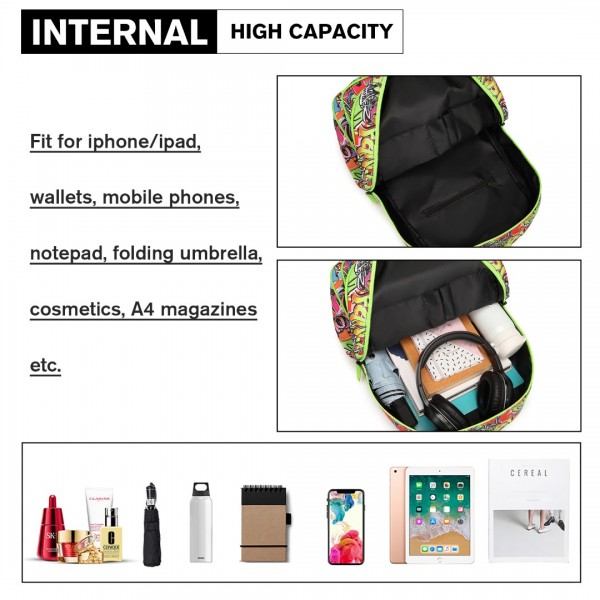 E6629G - Miss Lulu Mode Graffiti Rucksack für die Schule - Grün