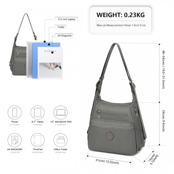 EH2063 - Kono Three Way Multipurpose Casual Shoulder Bag With Double Zippers - Grey