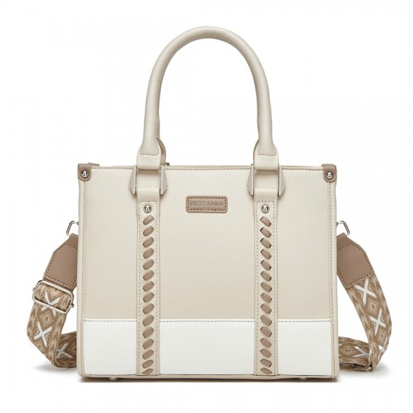 HBM2462 - Miss Lulu PU Leather Graceful Spacious Tote Bag with Woven Trim and Detachable Ethnic Strap - Beige