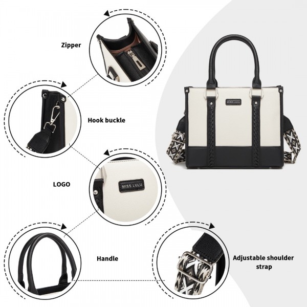 HBM2462 - Miss Lulu PU Leather Graceful Spacious Tote Bag with Woven Trim and Detachable Ethnic Strap - Black