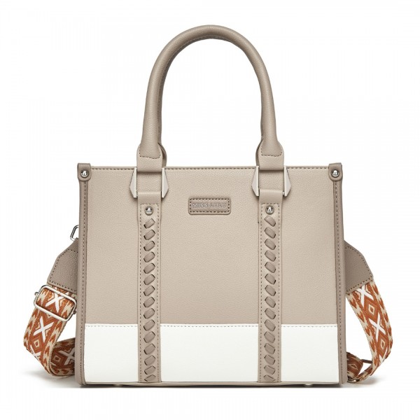 HBM2462 - Miss Lulu PU Leather Graceful Spacious Tote Bag with Woven Trim and Detachable Ethnic Strap - Khaki