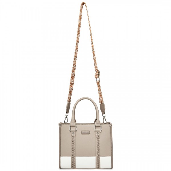 HBM2462 - Miss Lulu PU Leather Graceful Spacious Tote Bag with Woven Trim and Detachable Ethnic Strap - Khaki