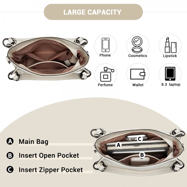 HBM2509 - Miss Lulu Textured PU Leather Crossbody Handbag with Woven Accents for Women - Beige