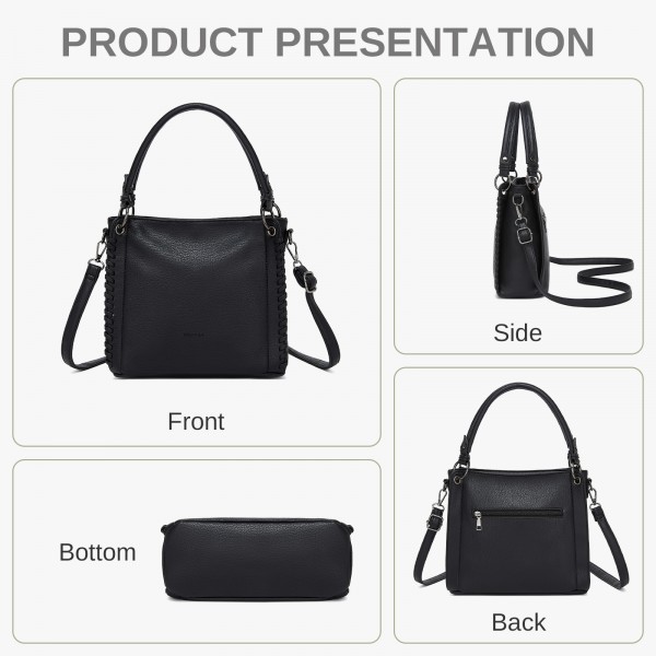 HBM2509 - Miss Lulu Textured PU Leather Crossbody Handbag with Woven Accents for Women - Black