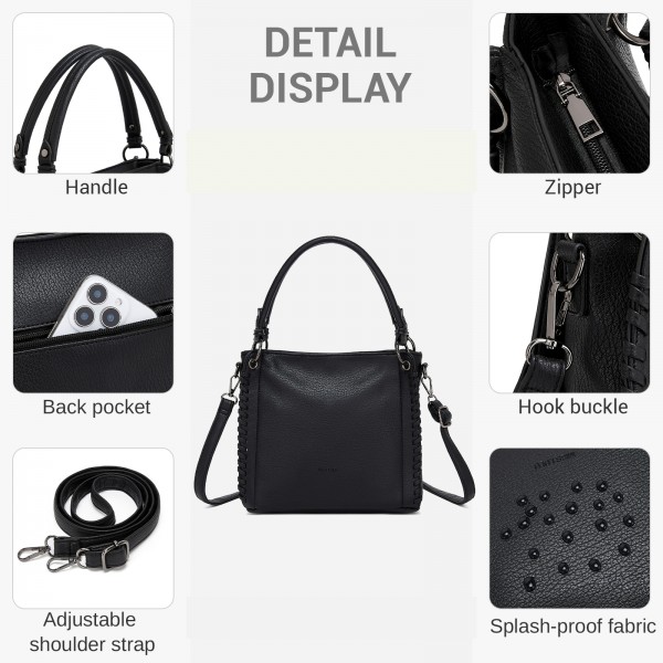 HBM2509 - Miss Lulu Textured PU Leather Crossbody Handbag with Woven Accents for Women - Black